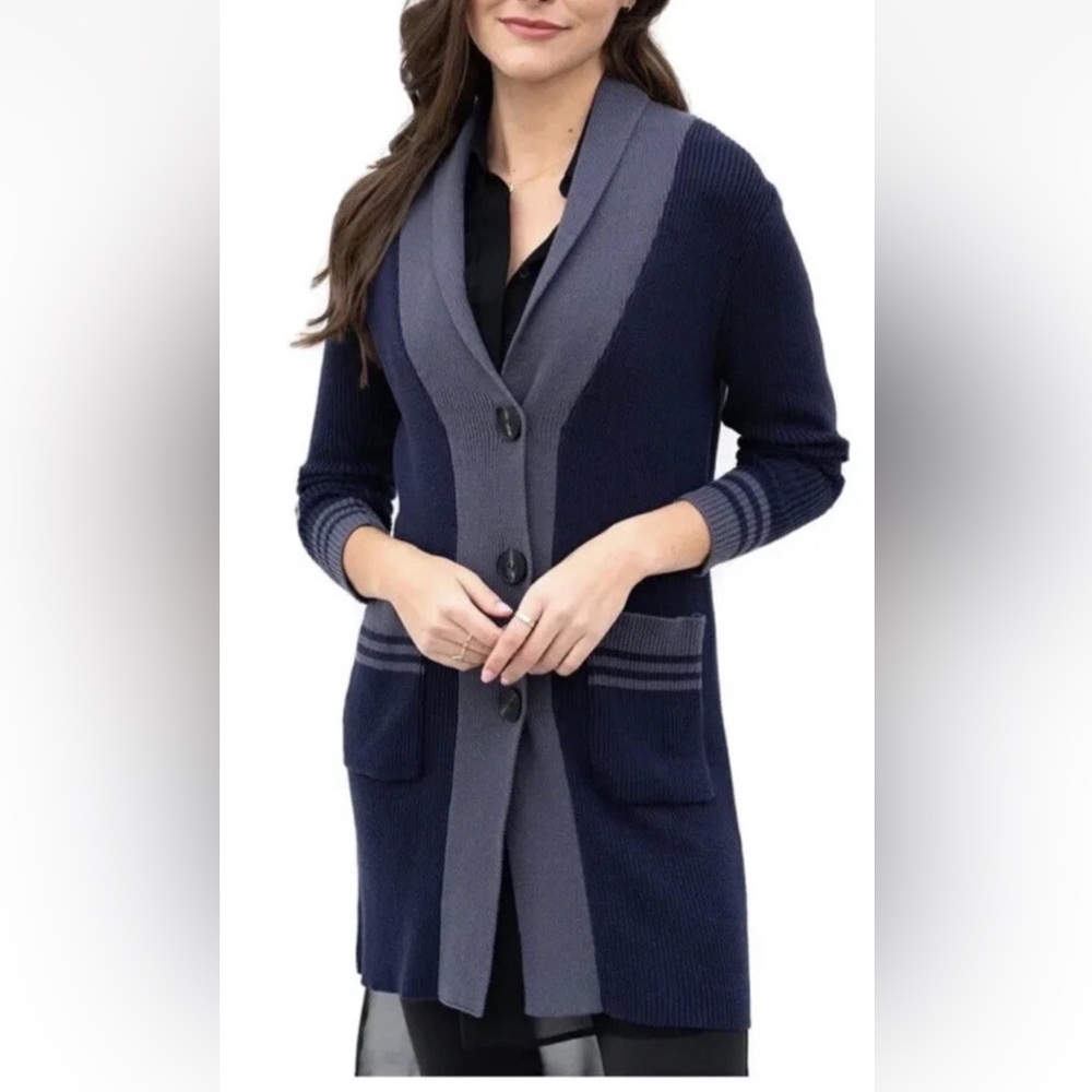 Evy’s Tree Candace Duster In Blue W/grey Long Sweater Cardigan SZ 2X New W/tags